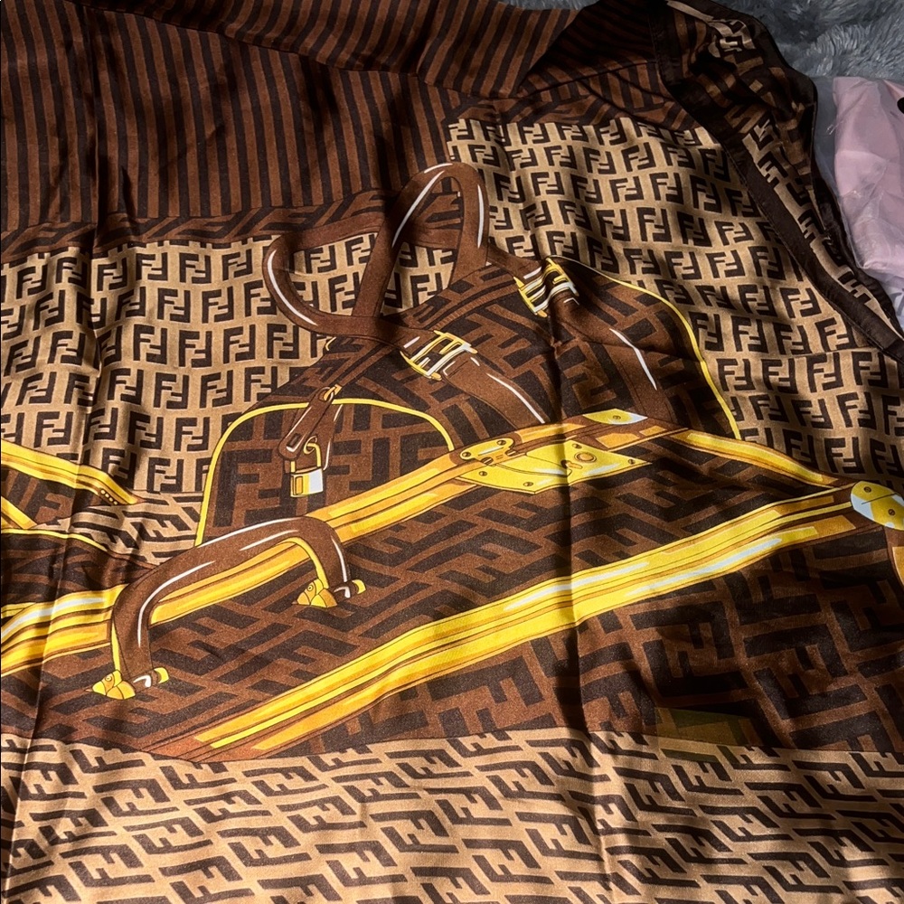 FF Brown and Gold Logo-Print Silk Scarf